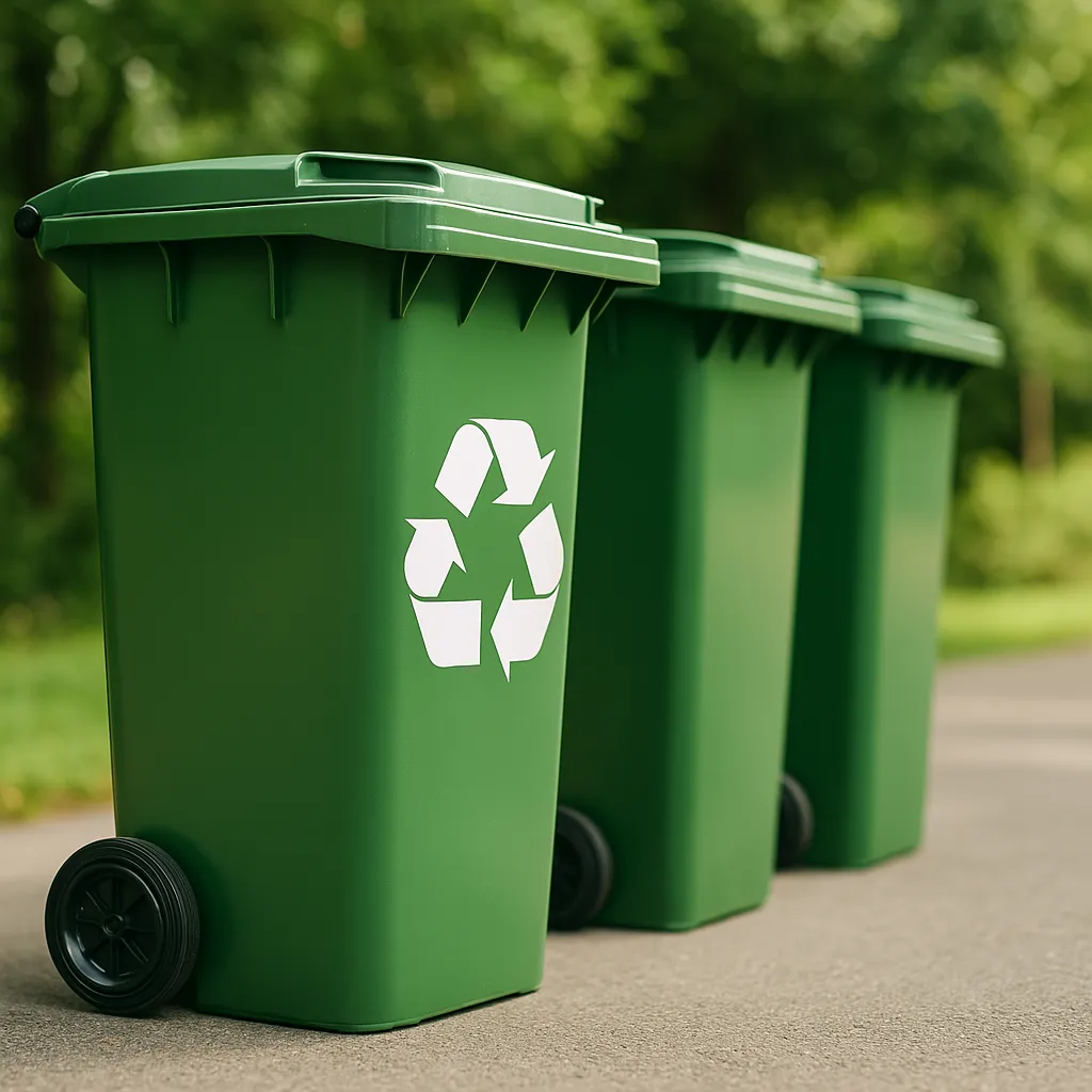 Green recycling bins with recycling symbol